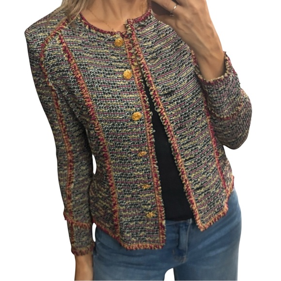 St. John Collection Fringe Trimmed Jacket in Burgundy/Wheat Multicolor Sz 2 - Picture 10 of 11
